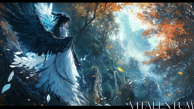 Dark winged angel stands in glowing autumn forest gorge.