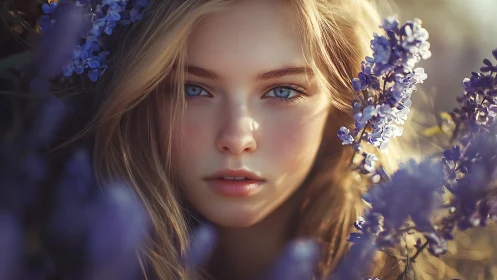 Digital portrait with lilac bokeh and soft natural backlight.