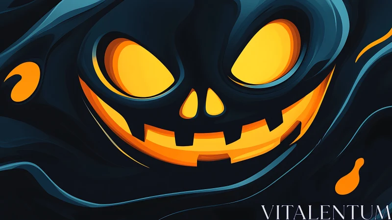 Stylized glowing pumpkin face in dark abstract shapes.