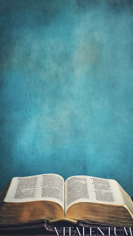 Open antique Bible under textured turquoise backdrop.