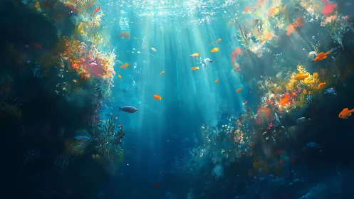 Sunlit coral canyon where golden fish stitch bright trails.