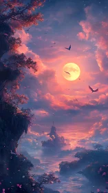 Luminous fantasy valley under oversized moon with atmospheric depth