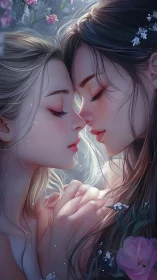 Two souls converge in luminous tenderness amid cascading blooms