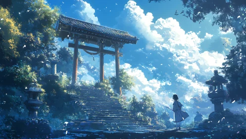 Sunlit shrine gate above stone steps in tranquil forest dream.