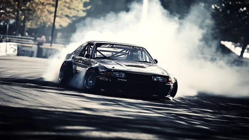 Black drift car sliding hard through corner in dense tire smoke.