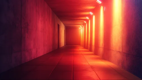Neon lit concrete corridor with warm volumetric side lighting