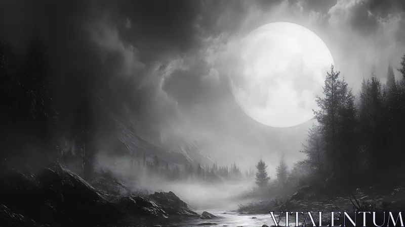 Vast full moon over misty monochrome forest valley scene