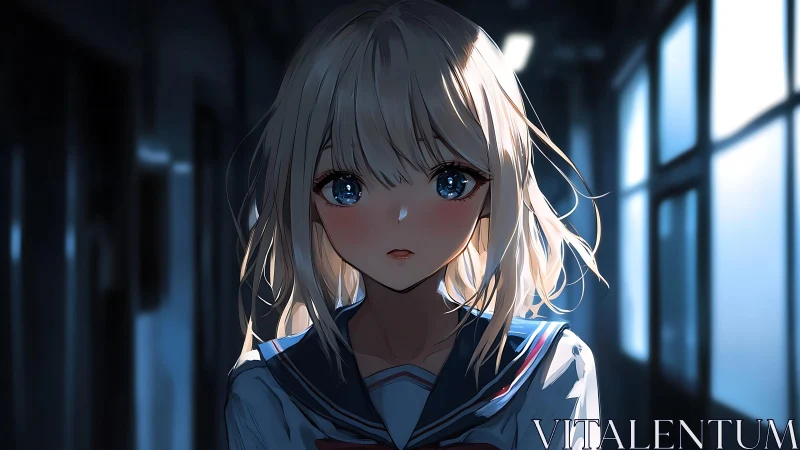 Anime schoolgirl pauses in a dim hallway, eyes reflecting light.