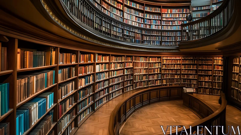 Curved two-level library interior lined with full bookshelves.