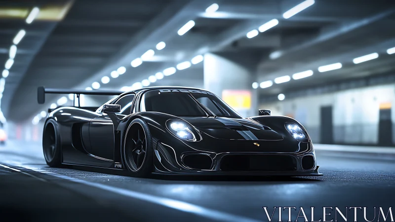 Black racing supercar in tunnel under cool neon lights.