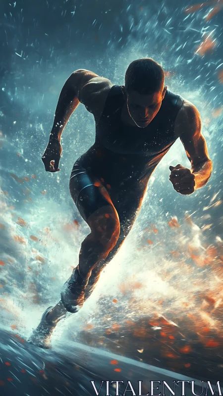 Sprinter exploding through rain in cinematic digital light.