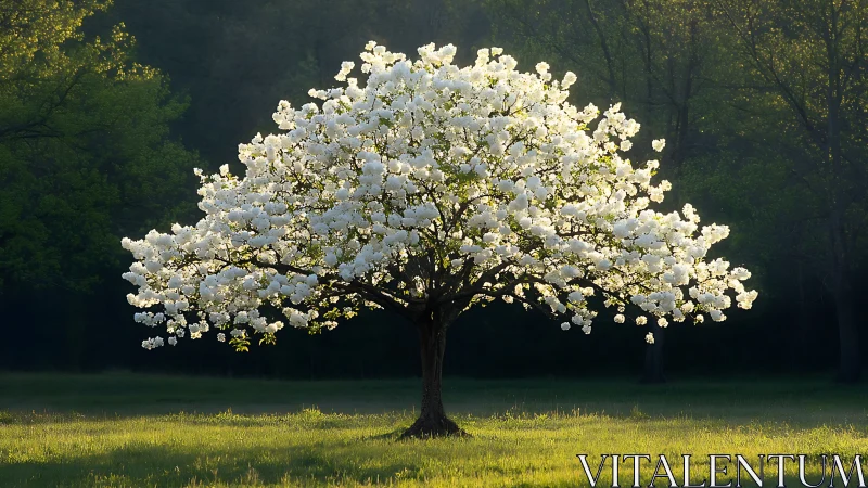 Elegant blooming tree in spring sunlight, natural landscape photo.