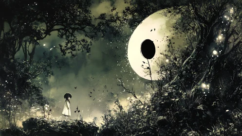 Child in luminous forest confronting eclipsed moon portal