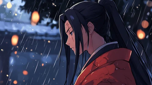 Solitary anime swordsman in rainlit courtyard with lantern bokeh