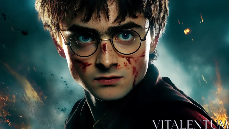 Battle-worn young wizard in dramatic fiery portrait.