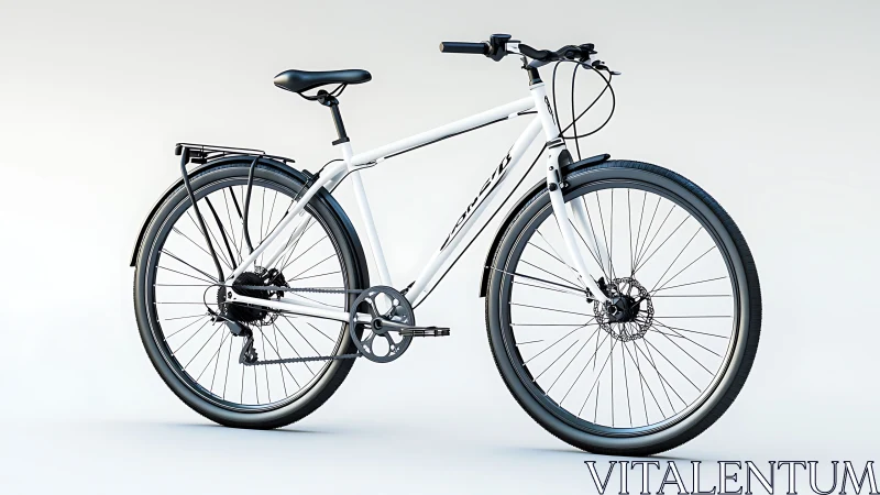 White Hybrid Bicycle with Disc Brakes and Integrated Rack.