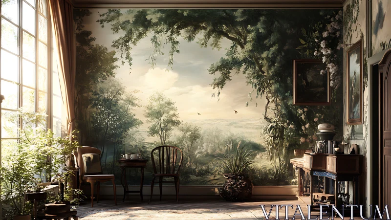 Interior with large landscape mural and vintage furniture.