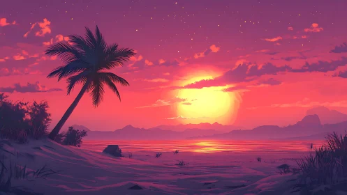 Dream-drunk palm greets a molten sherbet seaside sunset.