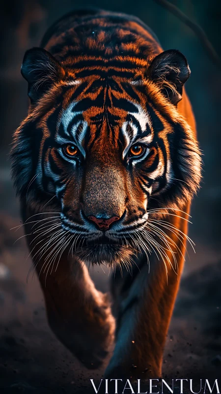 Stalking tiger strides forward through moody twilight haze