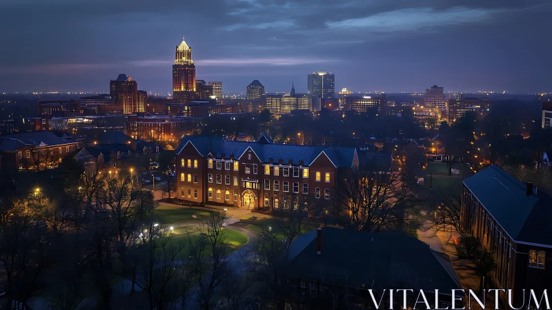 Urban campus and downtown skyline at dusk under clouded sky.