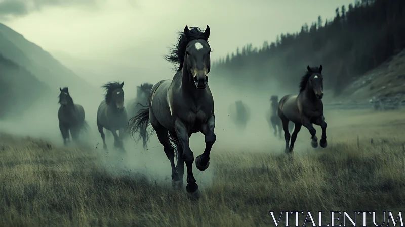 Wild thunder of mustang hooves across misty valley plains.