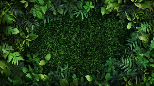 Dense tropical foliage frames deep green moss void