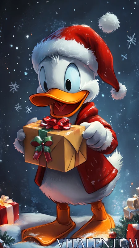 Cartoon duck in Santa coat holding festive gift box.