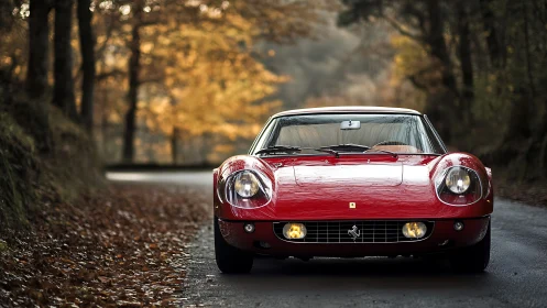 Classic red sports car glows on misty autumn forest road.