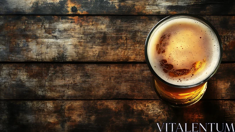 Top-down pint of amber beer on distressed wooden plank surface