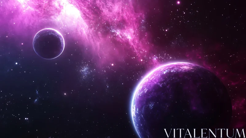 Twin violet planets orbit within luminous cosmic nebula