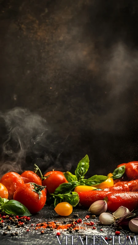 Steam rises over tomatoes, basil and spices on dark surface
