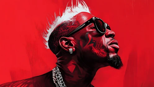 Crimson soundwaves crown a neon-slick portrait in motion