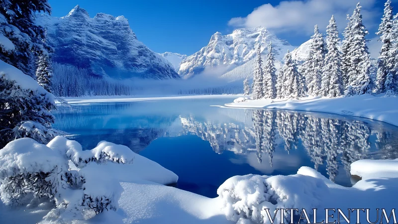 Cryogenic alpine lake mirroring snow-loaded conifer massif.