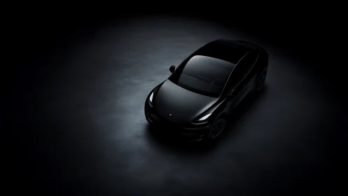 Midnight electric sedan in dramatic overhead spotlighting.