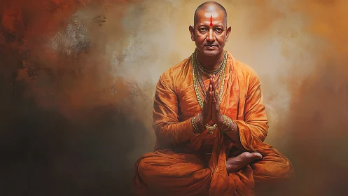 Monastic yogi in symmetrical mudra against textured ochre field.