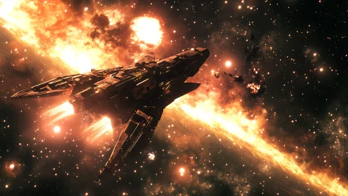 Star cruiser glides through glowing nebula on bold journey