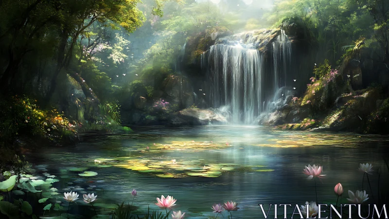 Enchanted forest waterfall cascades into a tranquil lily pond.