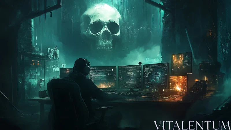 Cyberpunk hacker at dark workstation under neon skull.