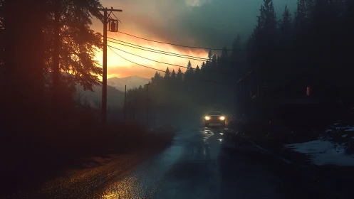 Foggy mountain road at dusk with lone approaching car.