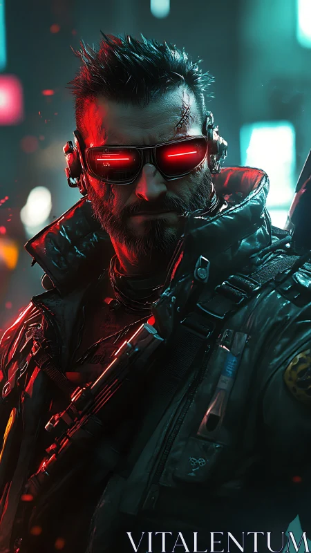 Cybernetic urban operative with neon visor and tactical gear.