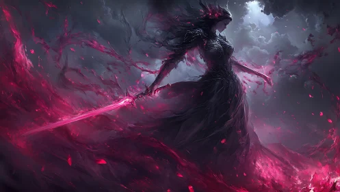 Dark armored woman wields glowing red sword in storm