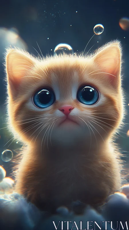 Luminous Kitten with Blue Eyes in Magical Bubble Atmosphere