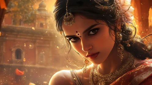 Luminous saree-clad portrait in sunset-particulate bokeh field.