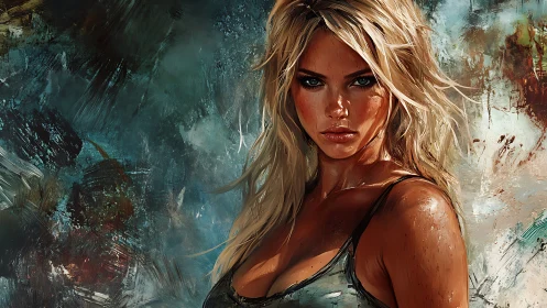 Stormy abstract portrait captures intense blonde woman’s gaze.