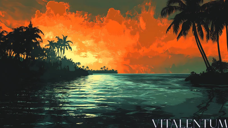 Fiery tropical sunset ignites sky above calm island inlet.