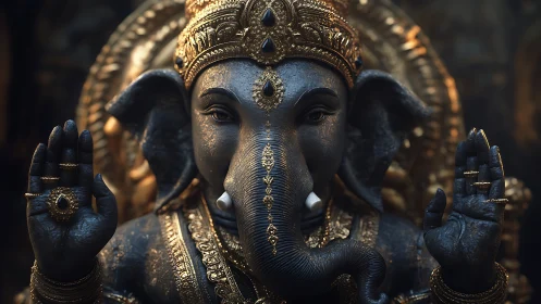 Golden Ganesha statue glows softly in reverent temple light