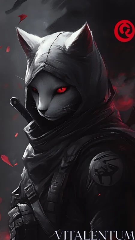 Hooded anthropomorphic cat warrior with red eyes in armor.