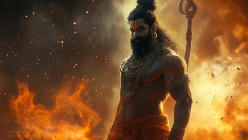 Warrior monk stands amid blazing fire and swirling embers.