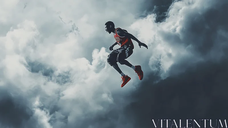 High-flying basketball player soars dramatically through clouds.