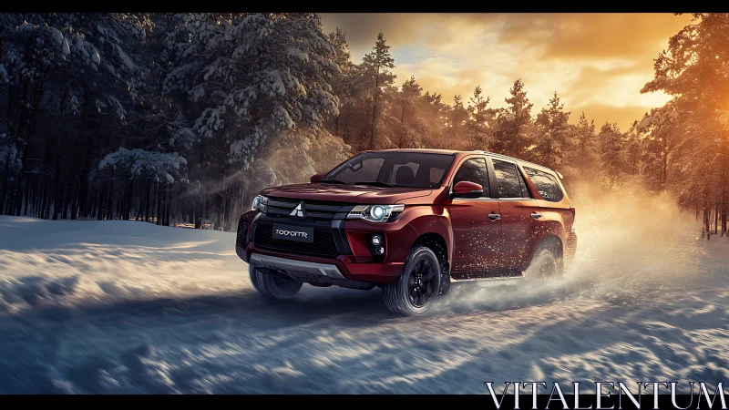 Dynamic red SUV executing high-velocity drift on sunlit snowfield.
